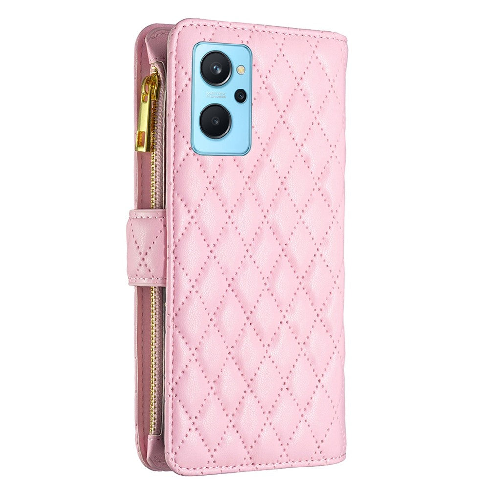 BINFEN COLOR for Oppo A76 4G / A36 4G / K10 4G / A96 4G / Realme 9i BF Style-15 Protective Phone Case Imprinted Rhombus Pattern Matte PU Leather Wallet Stand Shell with Zipper Pocket