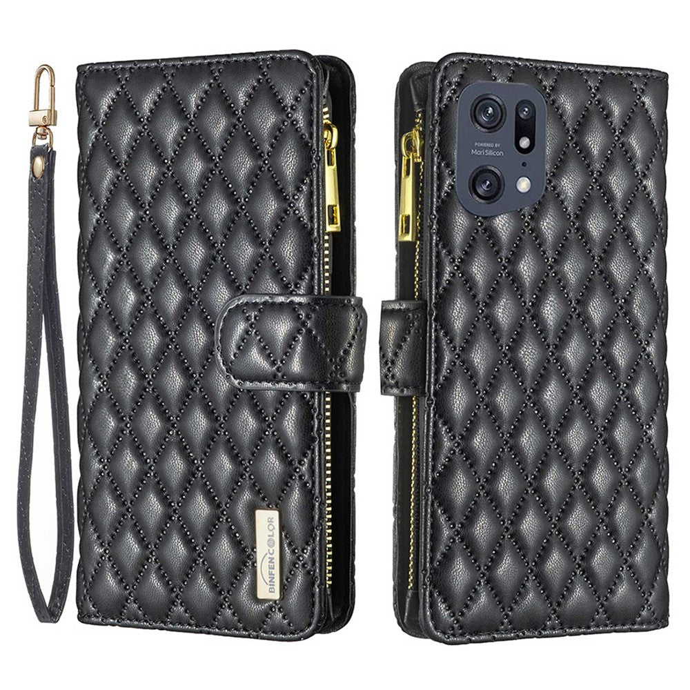 BINFEN COLOR BF Style-15 for Oppo Find X5 Pro 5G Drop-proof Zipper Pocket Protective Cover Imprinted Rhombus Pattern Matte PU Leather Wallet Case with Stand