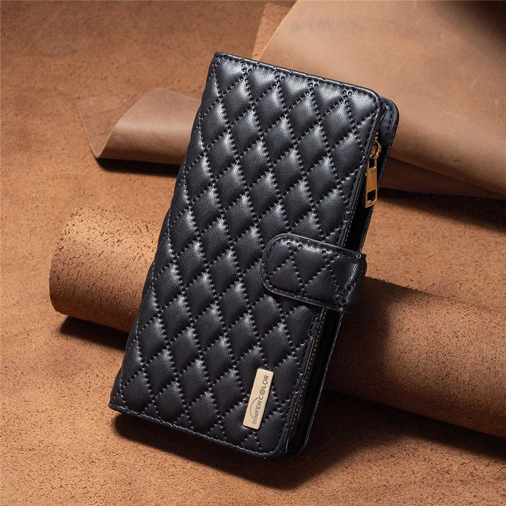 BINFEN COLOR BF Style-15 for Oppo Find X5 Pro 5G Drop-proof Zipper Pocket Protective Cover Imprinted Rhombus Pattern Matte PU Leather Wallet Case with Stand