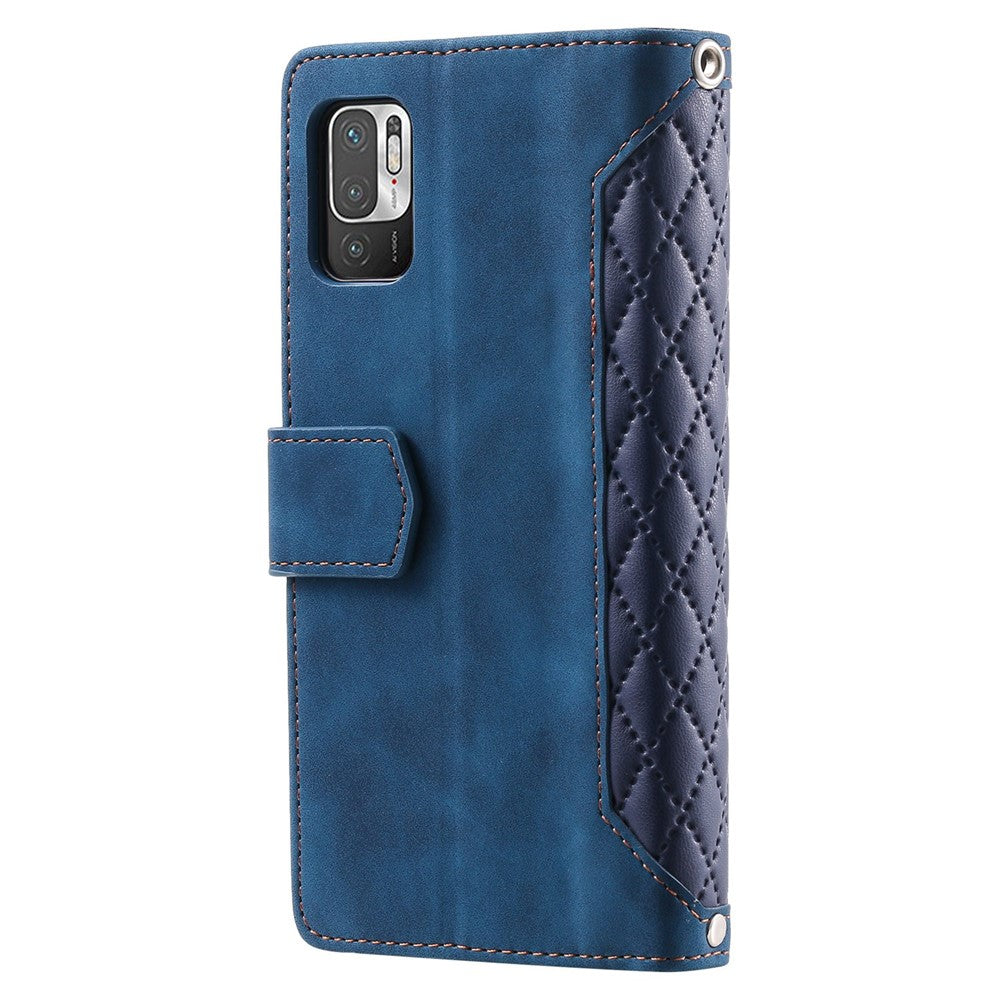 005 Style for Xiaomi Poco M3 Pro 4G / 5G / Redmi Note 10T 5G / Note 10 5G Rhombus Texture Wallet Stand Leather Phone Case with Zipper Pocket and Wrist Strap