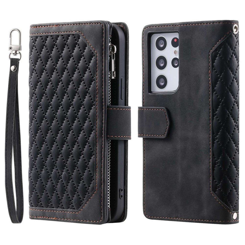 Stil 005 til Samsung Galaxy S21 Ultra 5G, lædercover med rombemønster og lynlåslomme, tegnebogscover med håndledsrem