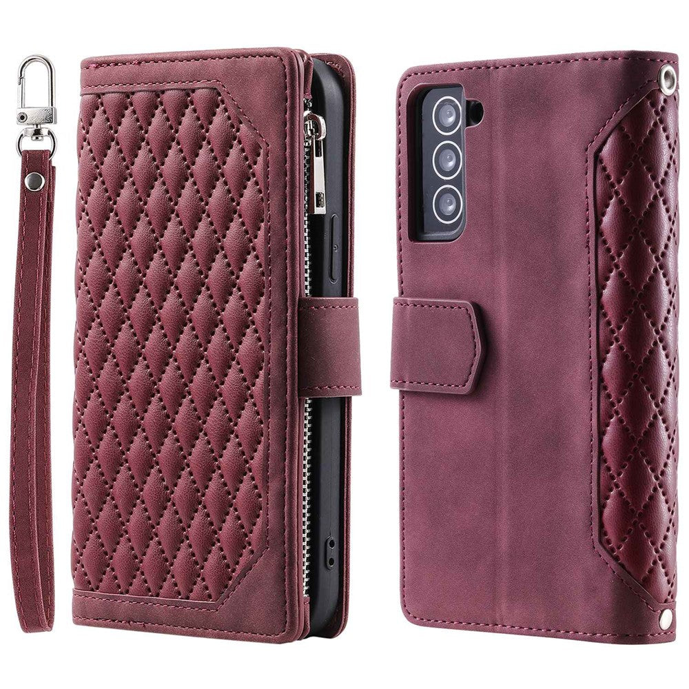 005 Stil til Samsung Galaxy S21+ 5G Lynlåslomme Rhombus Tekstur PU Lædercover Telefonholder Pung Etui med Håndrem
