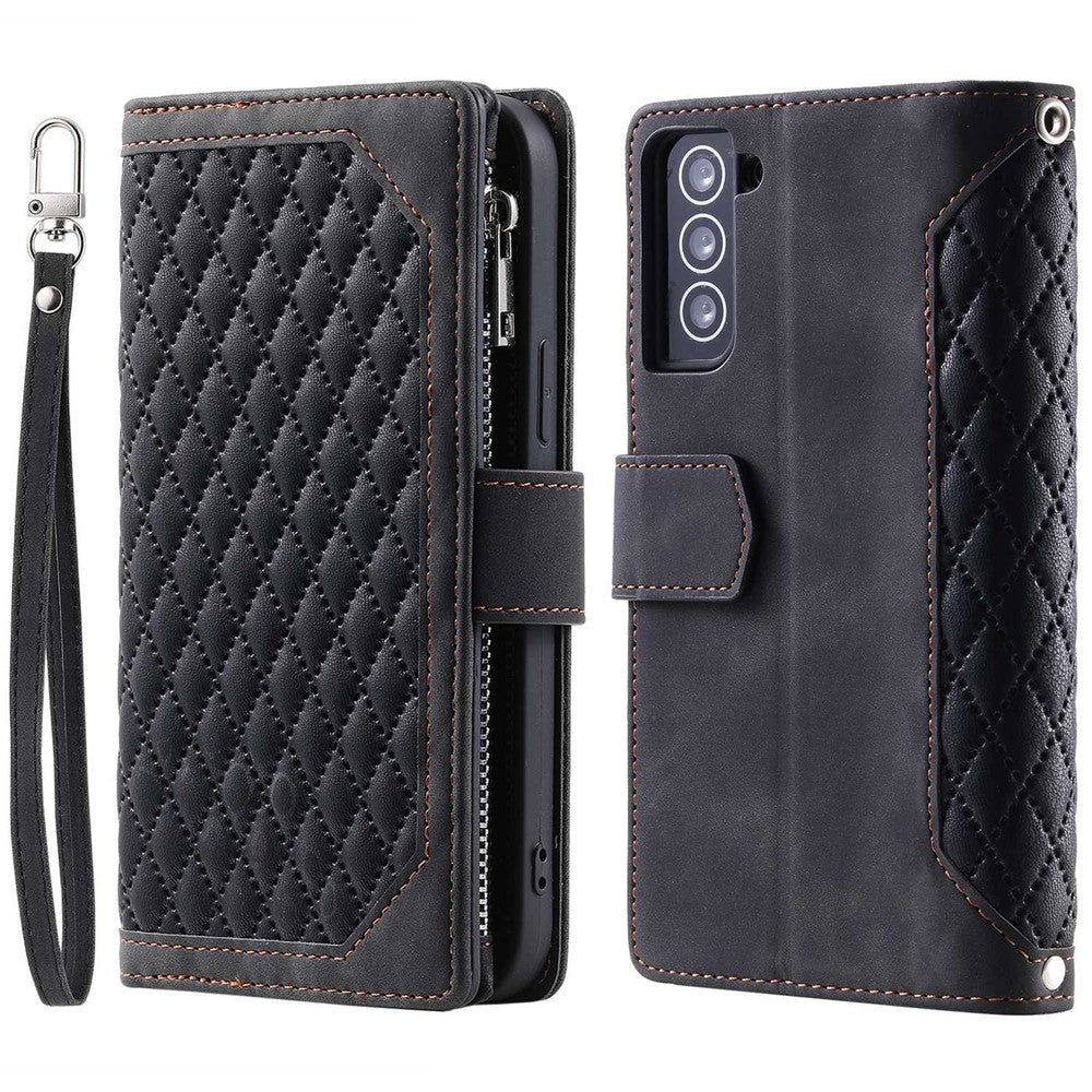 005 Stil til Samsung Galaxy S21+ 5G Lynlåslomme Rhombus Tekstur PU Lædercover Telefonholder Pung Etui med Håndrem