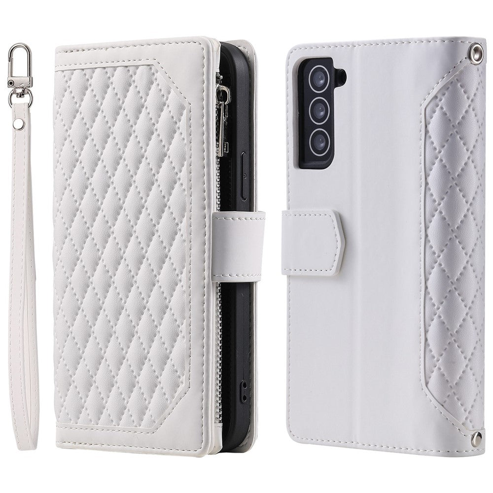 005 Stil til Samsung Galaxy S21+ 5G Lynlåslomme Rhombus Tekstur PU Lædercover Telefonholder Pung Etui med Håndrem