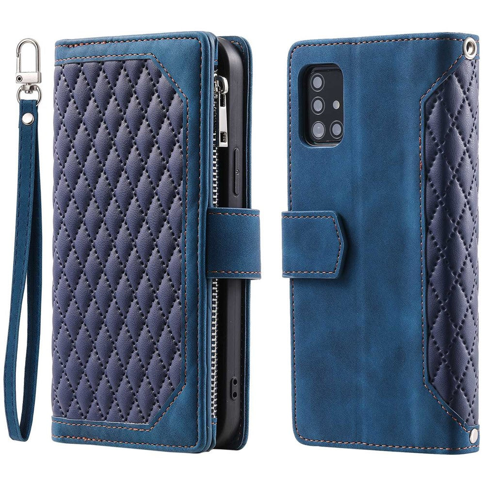 005 Stil til Samsung Galaxy A51 4G SM-A515 Lynlåslomme Anti-ridse Telefoncover Rhombus Tekstur PU Læder Standerpungcover med Håndledsrem
