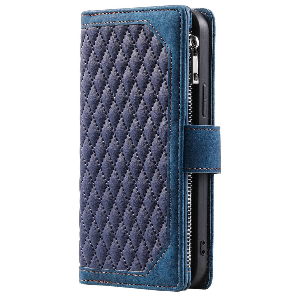 005 Stil til Samsung Galaxy A51 4G SM-A515 Lynlåslomme Anti-ridse Telefoncover Rhombus Tekstur PU Læder Standerpungcover med Håndledsrem