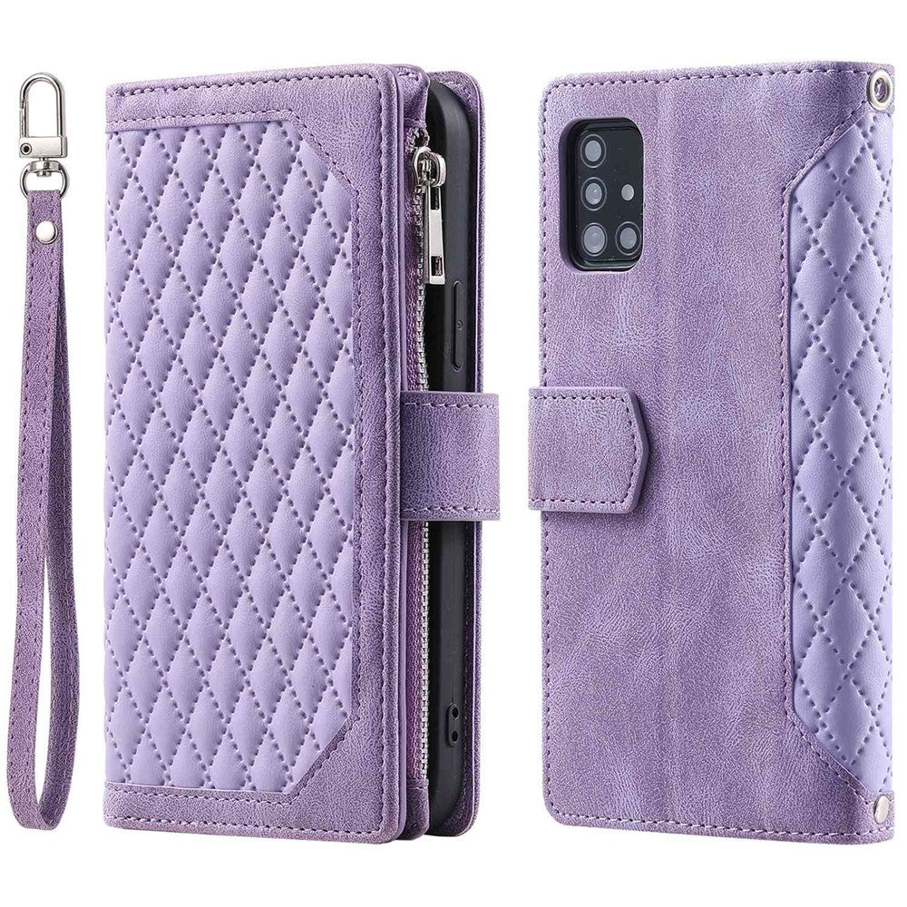 005 Stil til Samsung Galaxy A51 4G SM-A515 Lynlåslomme Anti-ridse Telefoncover Rhombus Tekstur PU Læder Standerpungcover med Håndledsrem