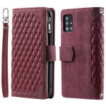 005 Stil til Samsung Galaxy A51 4G SM-A515 Lynlåslomme Anti-ridse Telefoncover Rhombus Tekstur PU Læder Standerpungcover med Håndledsrem