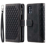 005 Stil til Samsung Galaxy A51 4G SM-A515 Lynlåslomme Anti-ridse Telefoncover Rhombus Tekstur PU Læder Standerpungcover med Håndledsrem