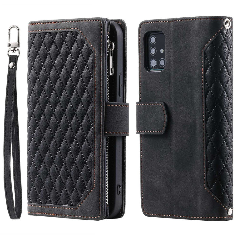 005 Stil til Samsung Galaxy A51 4G SM-A515 Lynlåslomme Anti-ridse Telefoncover Rhombus Tekstur PU Læder Standerpungcover med Håndledsrem