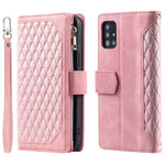 005 Stil til Samsung Galaxy A51 4G SM-A515 Lynlåslomme Anti-ridse Telefoncover Rhombus Tekstur PU Læder Standerpungcover med Håndledsrem