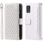 005 Stil til Samsung Galaxy A51 4G SM-A515 Lynlåslomme Anti-ridse Telefoncover Rhombus Tekstur PU Læder Standerpungcover med Håndledsrem