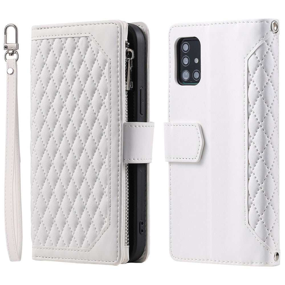 005 Stil til Samsung Galaxy A51 4G SM-A515 Lynlåslomme Anti-ridse Telefoncover Rhombus Tekstur PU Læder Standerpungcover med Håndledsrem