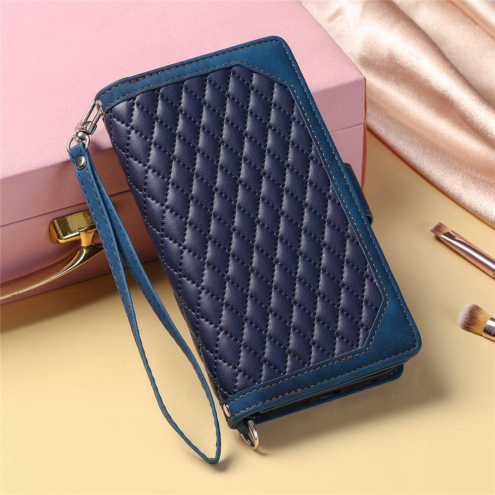 005 Style Zipper Pocket Stand Case for iPhone 11 Pro Max 6.5 inch, PU Leather Wallet Rhombus Texture Phone Shell Protector with Wrist Strap