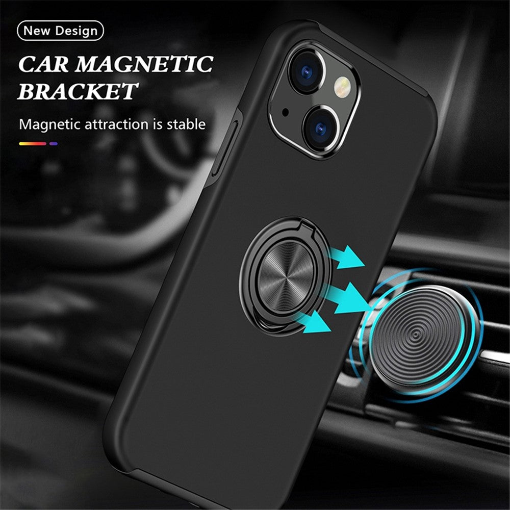 Til iPhone 14 6,1 tommer Hard PC+Soft TPU Dobbeltlagsbeskyttelsescover Ring Bilholder Støtteben Beskyttende telefoncover