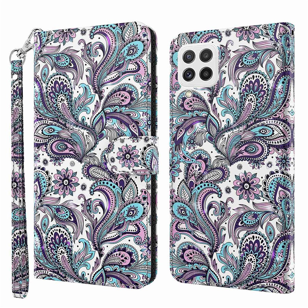 Til Samsung Galaxy A22 4G (EU-version) / M32 (global version) 4G / M22 4G Anti-fald PU-lædertelefonstativcover 3D-mønstertrykt magnetisk lukning Pungtelefoncover med strop