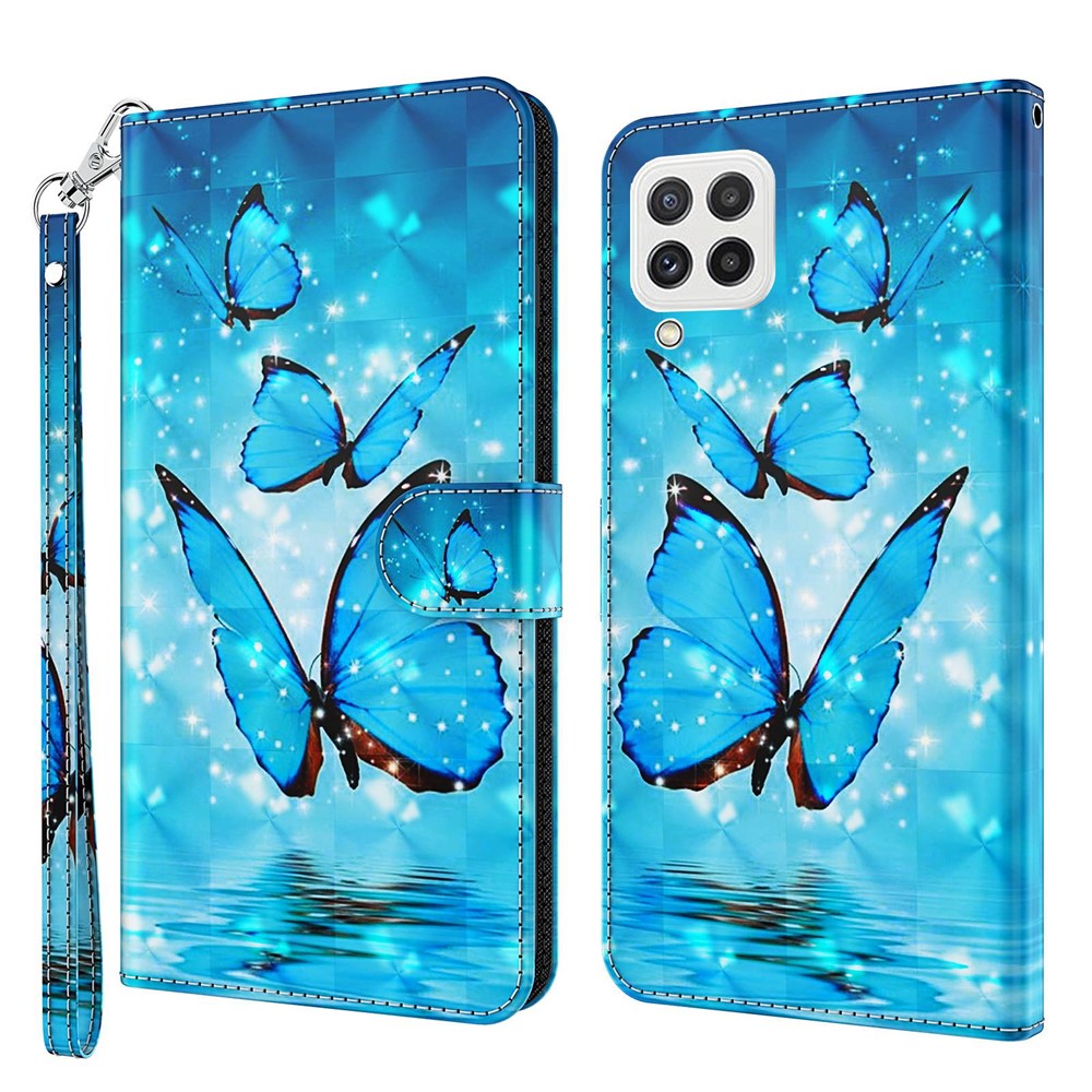Til Samsung Galaxy A22 4G (EU-version) / M32 (global version) 4G / M22 4G Anti-fald PU-lædertelefonstativcover 3D-mønstertrykt magnetisk lukning Pungtelefoncover med strop