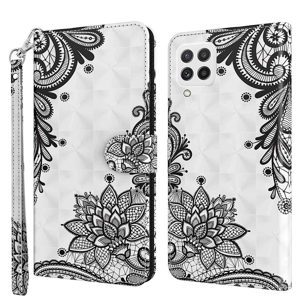 Til Samsung Galaxy A22 4G (EU-version) / M32 (global version) 4G / M22 4G Anti-fald PU-lædertelefonstativcover 3D-mønstertrykt magnetisk lukning Pungtelefoncover med strop