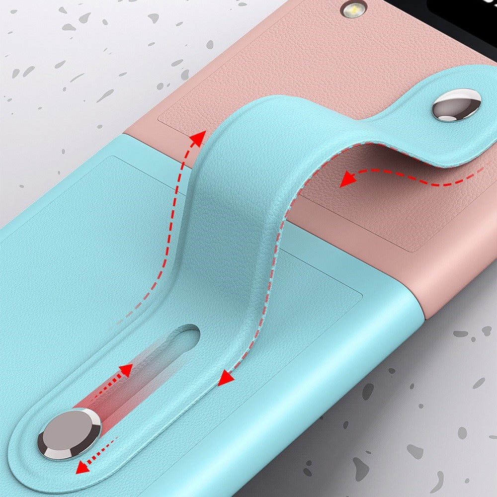 Samsung Galaxy Z Flip4 5G PU-läderbelagt PC-mobilskal Handledsband Stativdesign Kontrastfärgat fodral