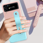 Samsung Galaxy Z Flip4 5G PU-läderbelagt PC-mobilskal Handledsband Stativdesign Kontrastfärgat fodral