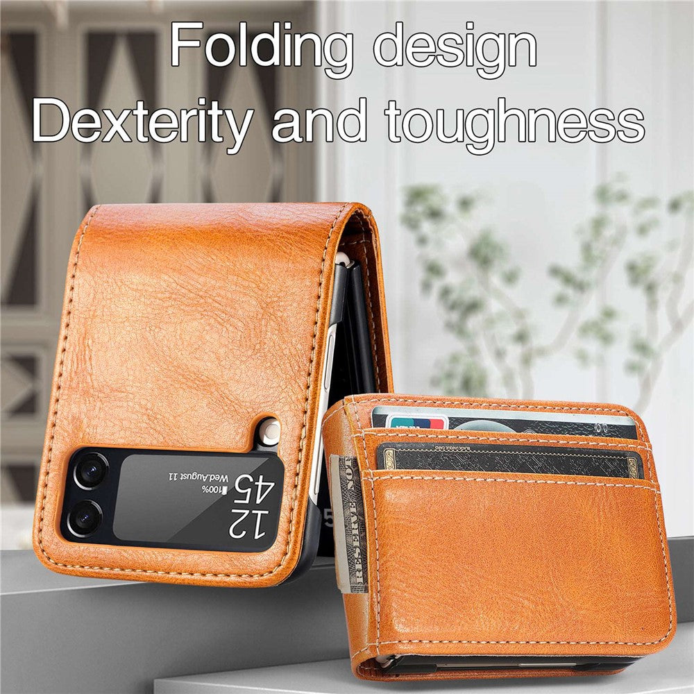For Samsung Galaxy Z Flip4 5G Portable Wallet Phone Case PU Leather Coated Hard PC Cover Folding Phone Shell