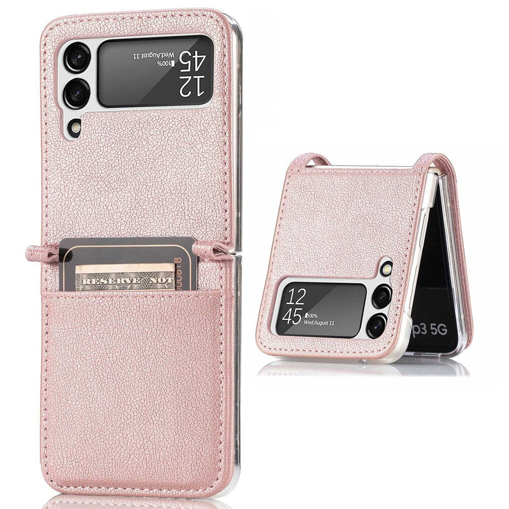 For Samsung Galaxy Z Flip4 5G Card Slot Design Ultra Thin Lychee Texture PU Leather Coating PC Protective Cover