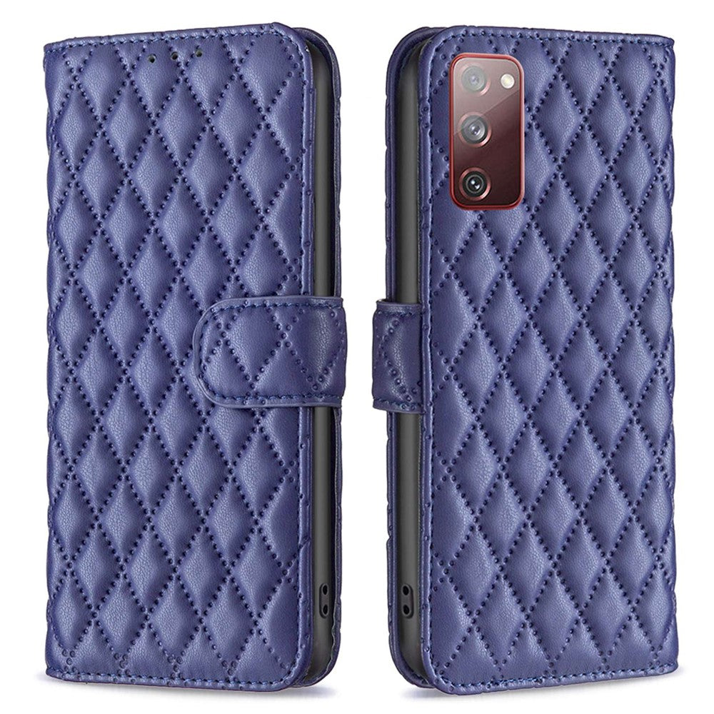 BINFEN COLOR For Samsung Galaxy S20 FE 4G / FE 5G / S20 Lite / S20 FE 2022 BF Style-14 Imprinted Rhombus Pattern PU Leather Wallet Cover Book Style Matte Phone Stand Case