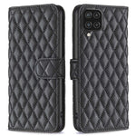 BINFEN COLOR för Samsung Galaxy A12 4G plånboksfodral, BF Style-14 fallsäkert präglat rombmönster stativ matt PU-läderfodral