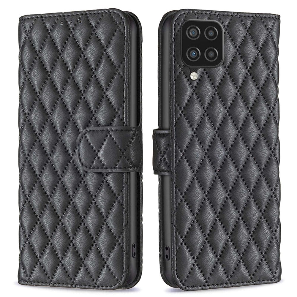 BINFEN COLOR för Samsung Galaxy A12 4G plånboksfodral, BF Style-14 fallsäkert präglat rombmönster stativ matt PU-läderfodral