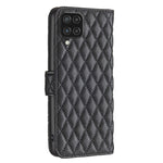 BINFEN COLOR för Samsung Galaxy A12 4G plånboksfodral, BF Style-14 fallsäkert präglat rombmönster stativ matt PU-läderfodral