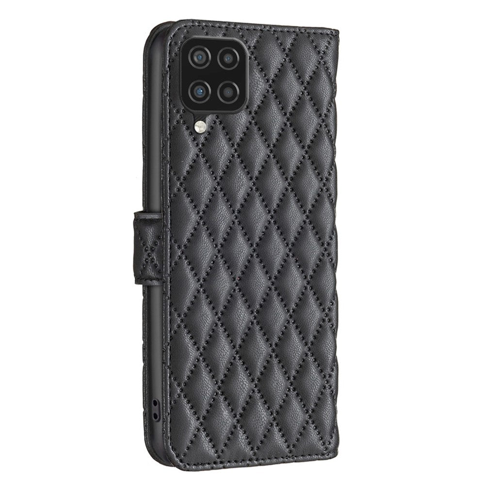 BINFEN COLOR för Samsung Galaxy A12 4G plånboksfodral, BF Style-14 fallsäkert präglat rombmönster stativ matt PU-läderfodral