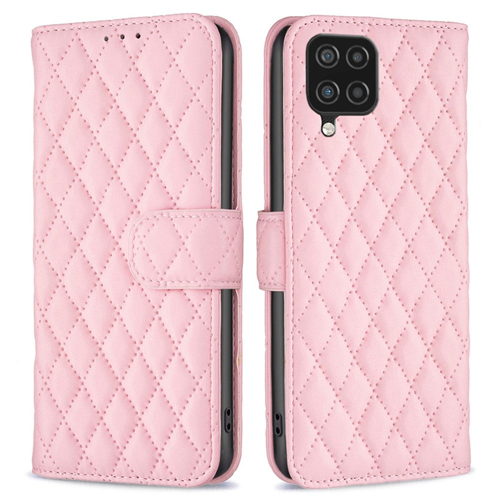 BINFEN COLOR för Samsung Galaxy A12 4G plånboksfodral, BF Style-14 fallsäkert präglat rombmönster stativ matt PU-läderfodral