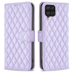 BINFEN COLOR för Samsung Galaxy A12 4G plånboksfodral, BF Style-14 fallsäkert präglat rombmönster stativ matt PU-läderfodral