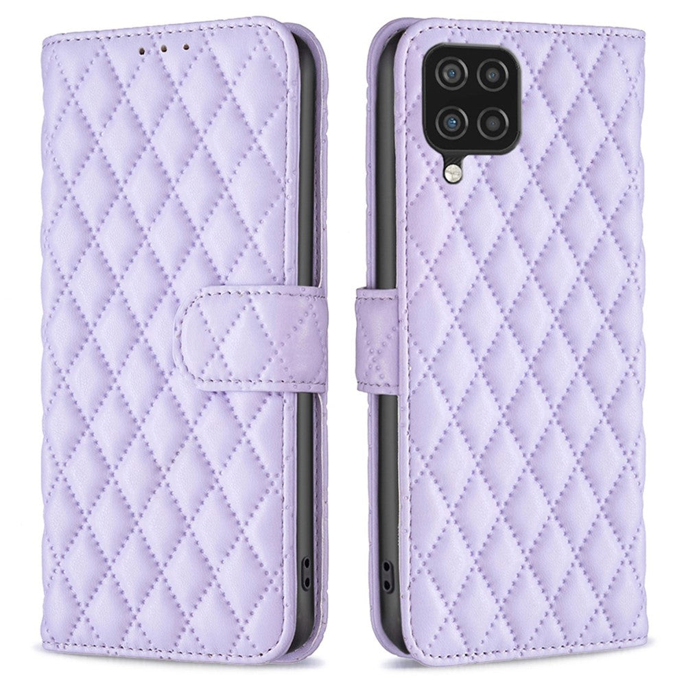 BINFEN COLOR för Samsung Galaxy A12 4G plånboksfodral, BF Style-14 fallsäkert präglat rombmönster stativ matt PU-läderfodral
