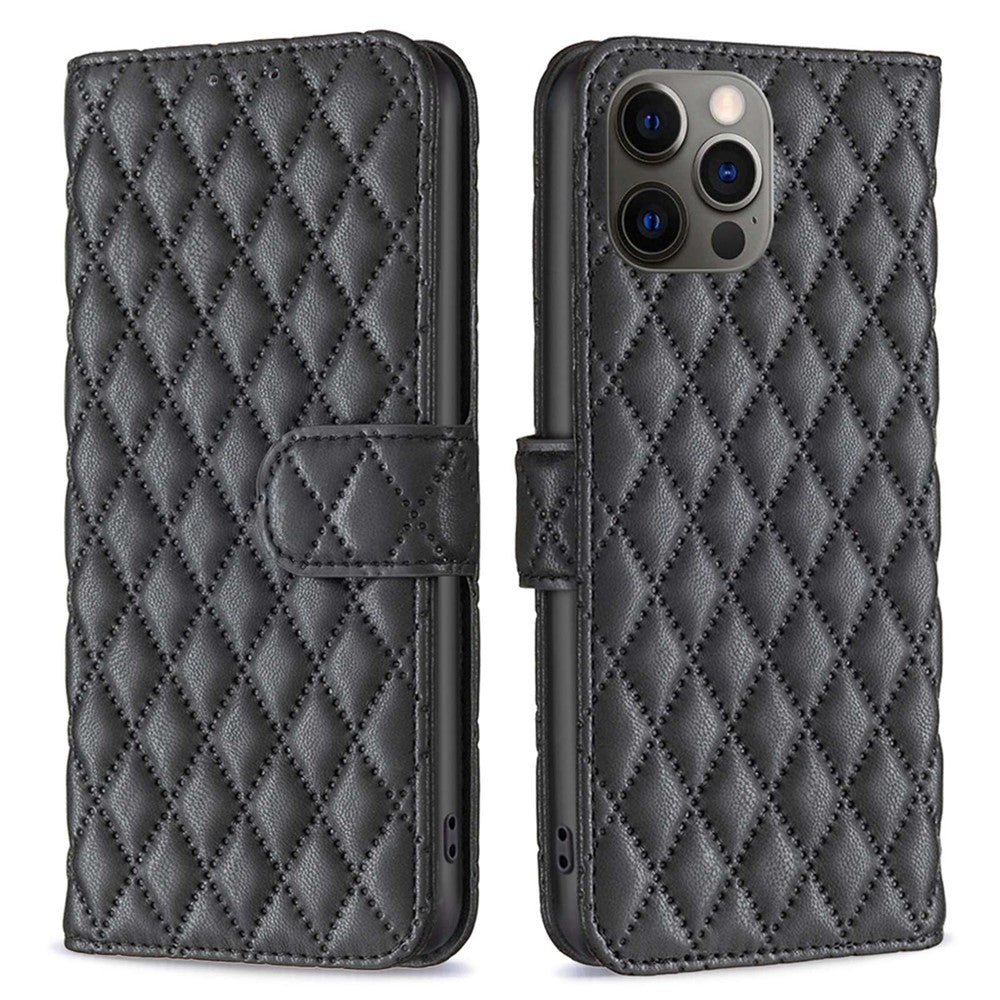 BINFEN COLOR För iPhone 12 Pro 6,1 tum BF Style-14 Präglat rombmönster Läderplånbokfodral med kreditkortshållare Flip Folio Book Magnetisk PU mobilskal