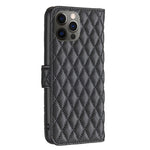 BINFEN COLOR För iPhone 12 Pro 6,1 tum BF Style-14 Präglat rombmönster Läderplånbokfodral med kreditkortshållare Flip Folio Book Magnetisk PU mobilskal