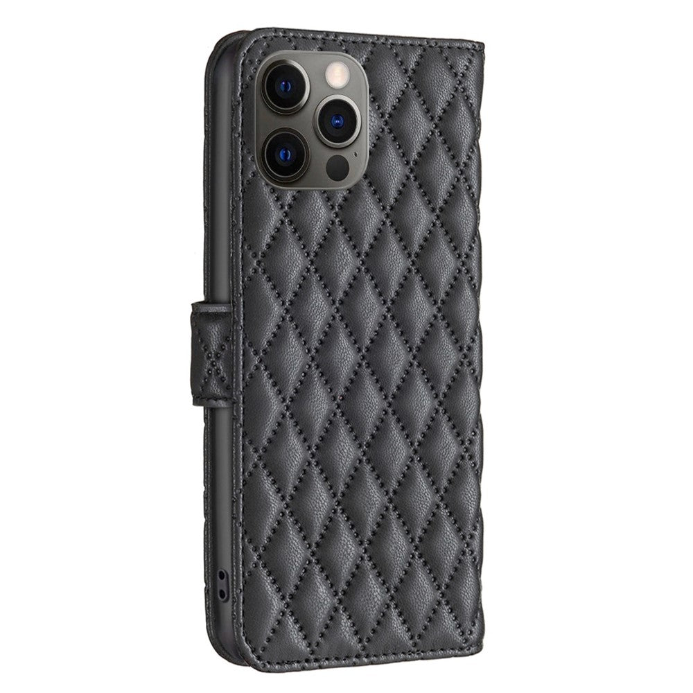 BINFEN COLOR För iPhone 12 Pro 6,1 tum BF Style-14 Präglat rombmönster Läderplånbokfodral med kreditkortshållare Flip Folio Book Magnetisk PU mobilskal