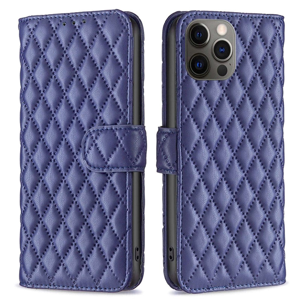 BINFEN COLOR För iPhone 12 Pro 6,1 tum BF Style-14 Präglat rombmönster Läderplånbokfodral med kreditkortshållare Flip Folio Book Magnetisk PU mobilskal