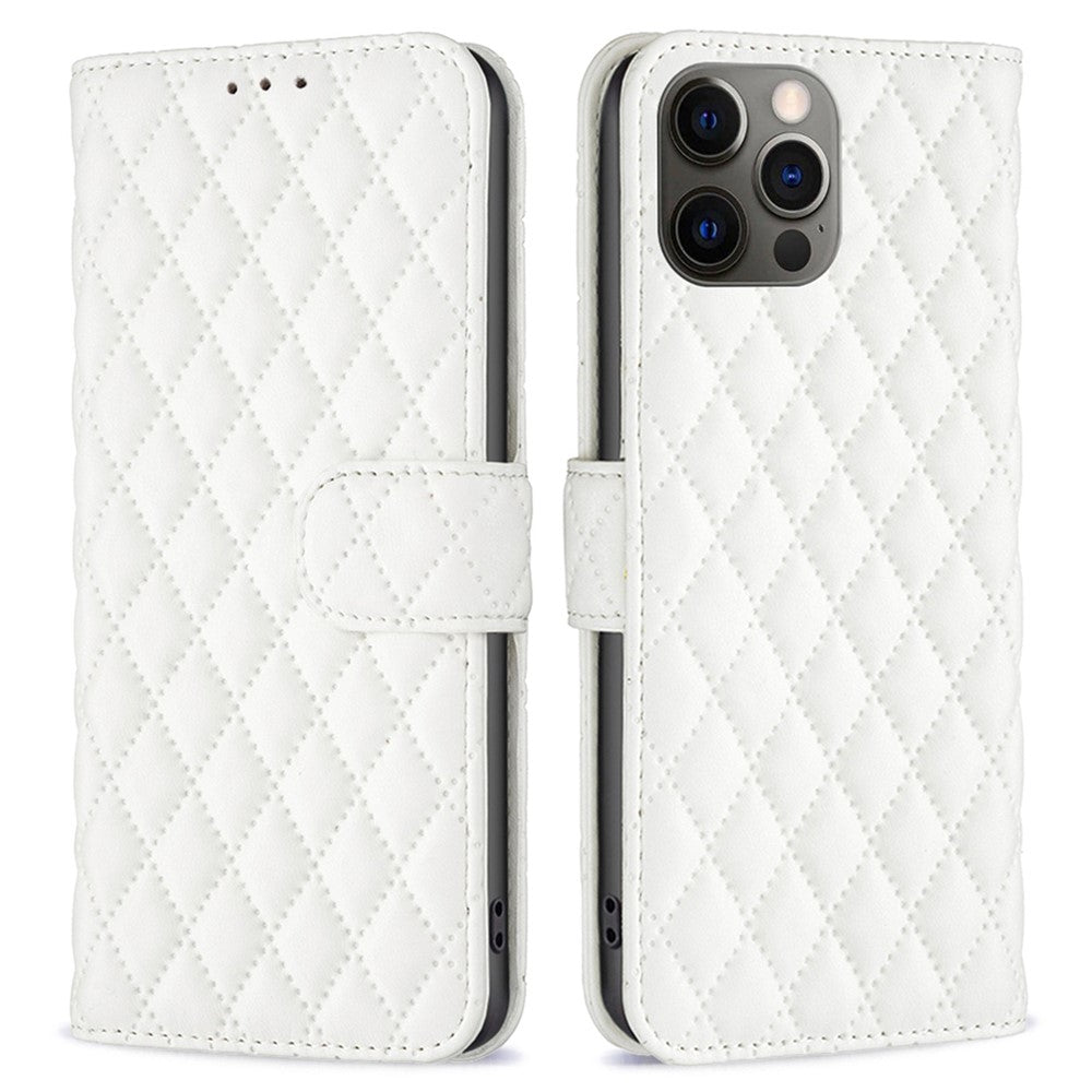 BINFEN COLOR För iPhone 12 Pro 6,1 tum BF Style-14 Präglat rombmönster Läderplånbokfodral med kreditkortshållare Flip Folio Book Magnetisk PU mobilskal