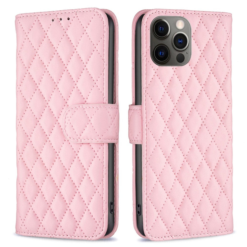 BINFEN COLOR För iPhone 12 Pro 6,1 tum BF Style-14 Präglat rombmönster Läderplånbokfodral med kreditkortshållare Flip Folio Book Magnetisk PU mobilskal