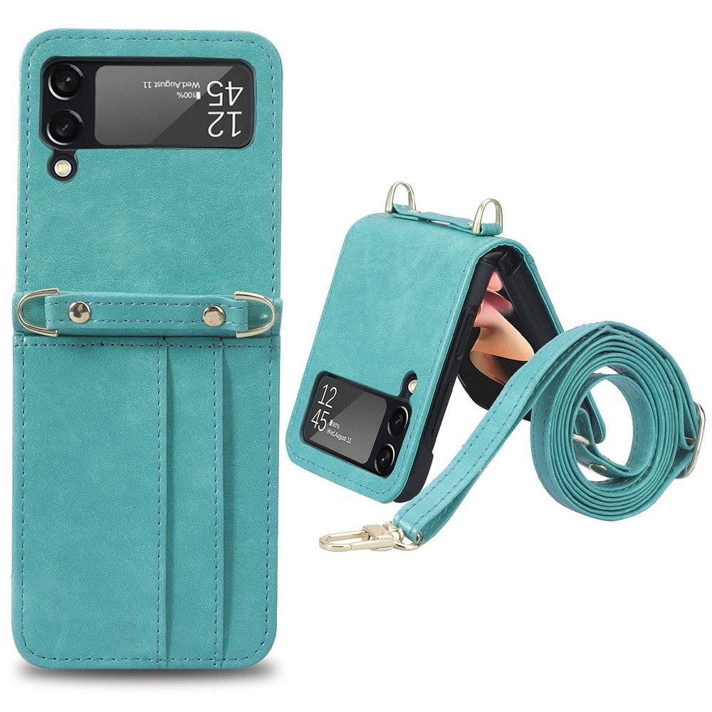 For Samsung Galaxy Z Flip4 5G Phone Cover with One-piece Design Anti-scratch PU Leather + PC Mobile Phone Case with Long Lanyard Card Holder