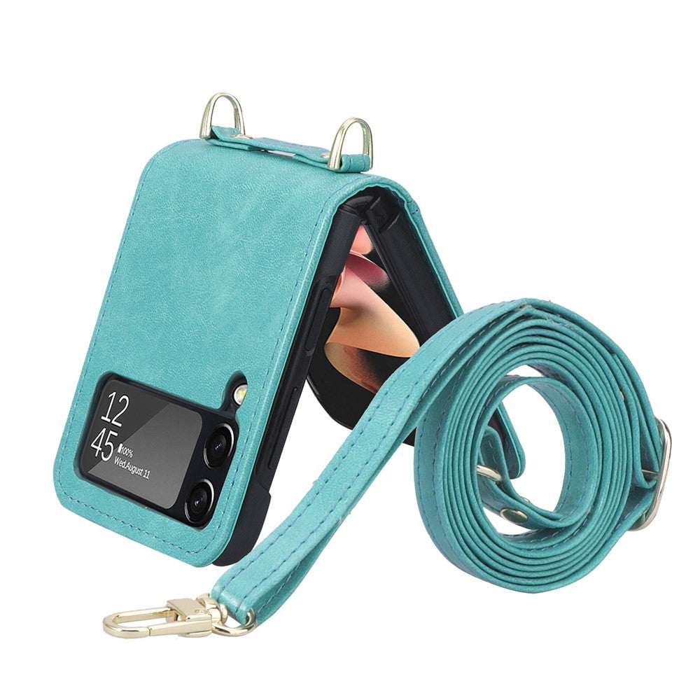 For Samsung Galaxy Z Flip4 5G Phone Cover with One-piece Design Anti-scratch PU Leather + PC Mobile Phone Case with Long Lanyard Card Holder