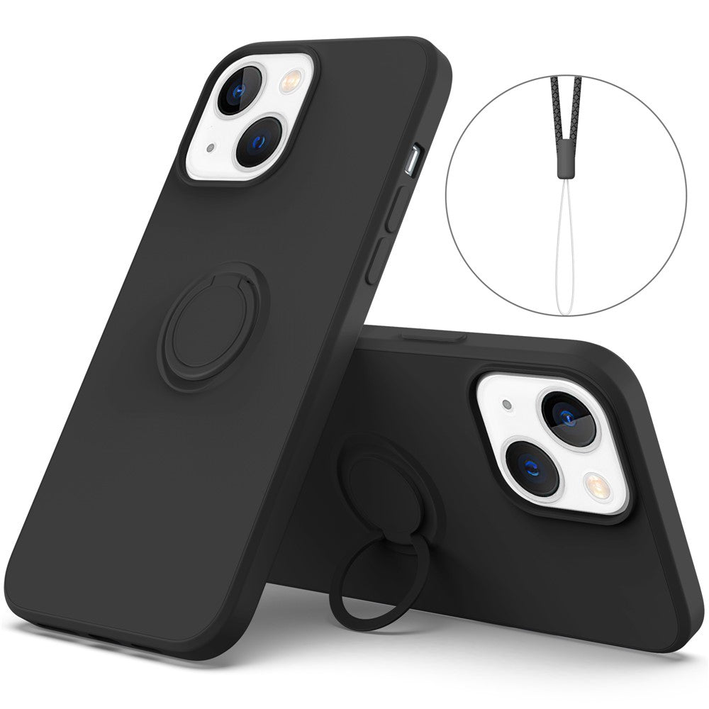 Til iPhone 14 Plus 6,7 tommer Letgribeligt Ring-Kickstand Flydende Silikone Telefoncover Beskyttende Bagcover med Håndledsrem
