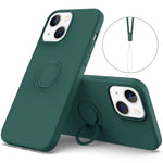 For iPhone 14 Plus 6.7 inch Easy Grip Ring Kickstand Liquid Silicone Phone Case Protective Back Cover with Wrist Strap