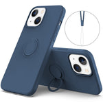 For iPhone 14 Plus 6.7 inch Easy Grip Ring Kickstand Liquid Silicone Phone Case Protective Back Cover with Wrist Strap