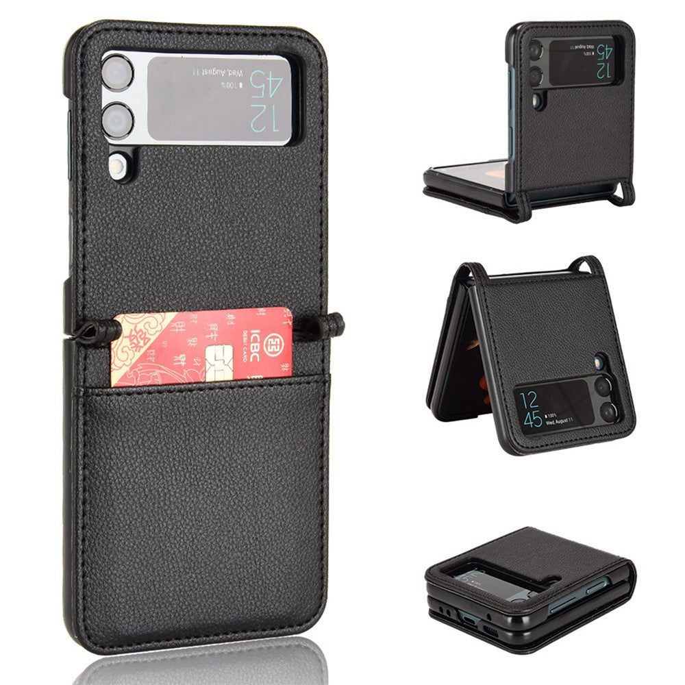 For Samsung Galaxy Z Flip4 5G Litchi Texture PU Leather Coated PC Phone Case Shockproof One-piece Cell Phone Cover with Card Slot