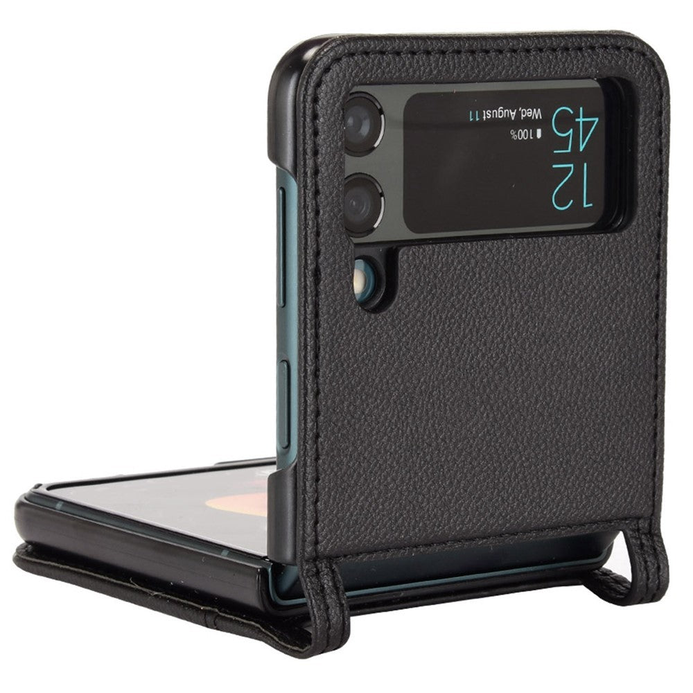 For Samsung Galaxy Z Flip4 5G Litchi Texture PU Leather Coated PC Phone Case Shockproof One-piece Cell Phone Cover with Card Slot