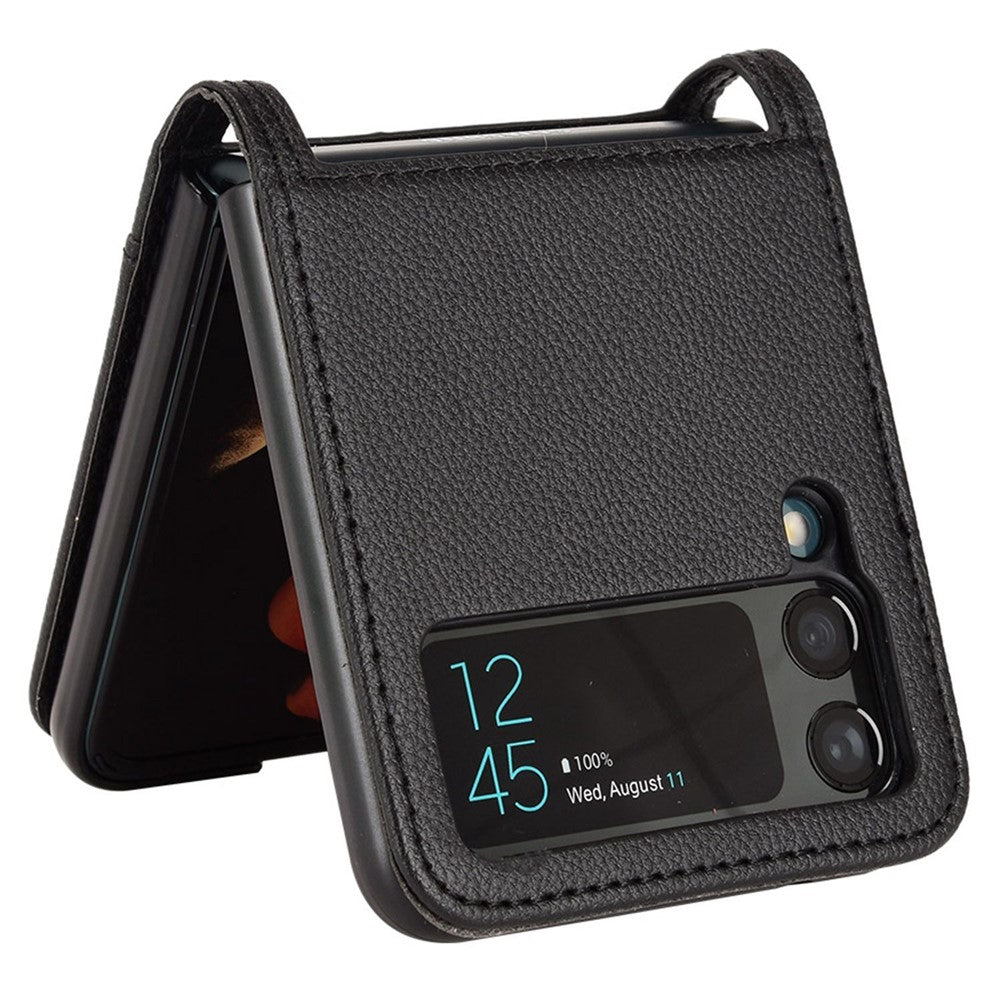 For Samsung Galaxy Z Flip4 5G Litchi Texture PU Leather Coated PC Phone Case Shockproof One-piece Cell Phone Cover with Card Slot