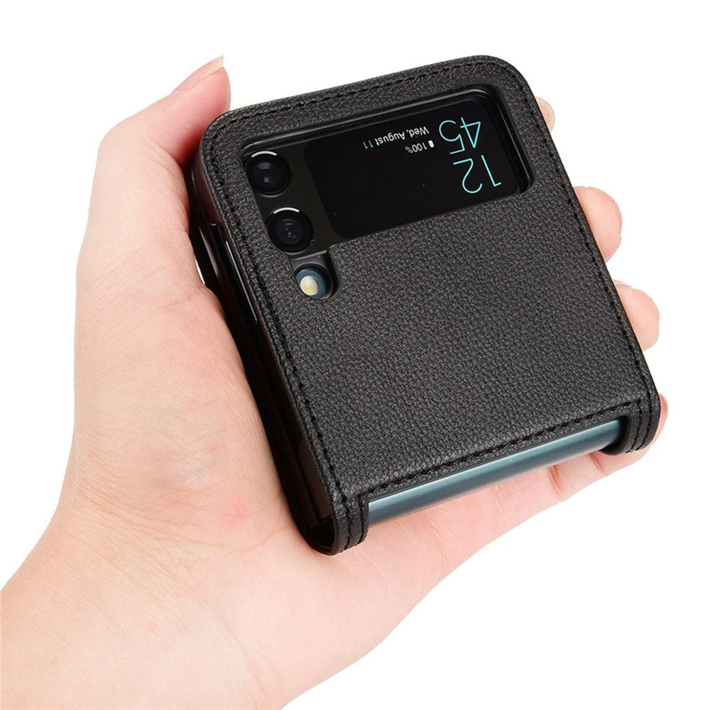 For Samsung Galaxy Z Flip4 5G Litchi Texture PU Leather Coated PC Phone Case Shockproof One-piece Cell Phone Cover with Card Slot