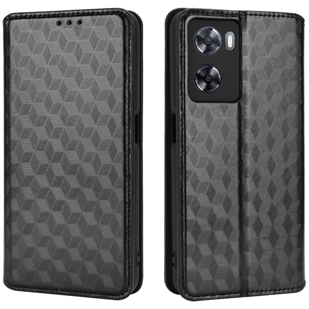 For Oppo A57 4G / A57s 4G / A57 (2022) 5G / A77 5G Magnetic Absorption Imprinting Rhombus Pattern PU Leather Stand Wallet Case Cover